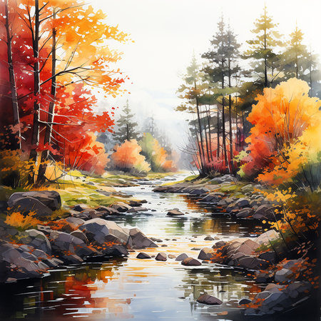 Beautiful watercolor autumn landscape, bright yellow and red forest on the bank of a small river, traditional autumn background, good seasonal wallpaperの素材