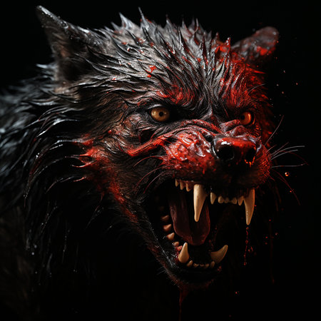Terrible head of an evil wolf with bared mouth with large fangs, stained with blood, predatory beast, on black close-up, werewolf, Halloween backgroundの素材