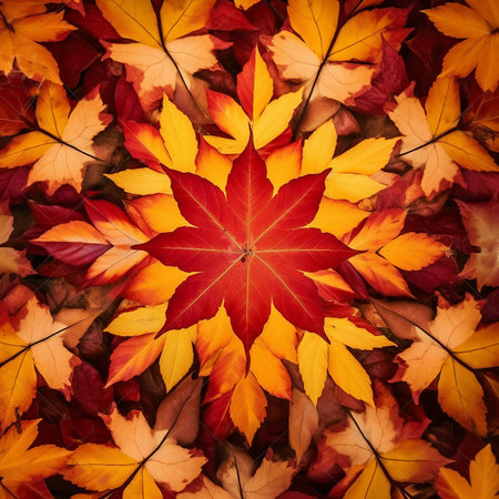 Autumn kaleidoscope pattern, yellow and red leaves background, beautiful wallpaper, golden autumnの素材