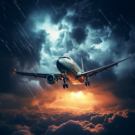 plane flies high in the sky in dark thunderclouds, lightning around, danger, risk, fear, excitementの素材