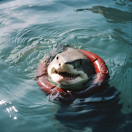 Shark in the center of a red lifebuoy, shark ate man, shark is a dangerous predator of the oceanの素材