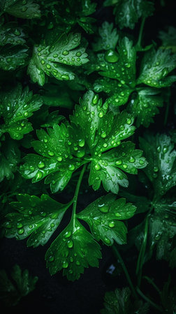 Parsley leaves with water droplets close-up, food background, aromatic herbs in salad, healthy greens foodの素材