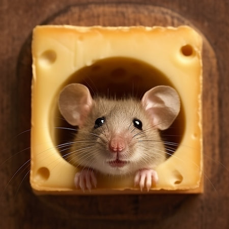 Funny mouse looks out of piece of delicious cheese,  funny photo with animals for advertising cheese and dairy productsの素材