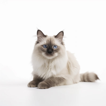 Cute Ragdoll breed cat portrait close-up isolated on white, lovely pet, blue eyesの素材