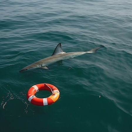 Shark swims on surface of ocean next to an empty life buoy, shark ate man, shark is dangerous sea predatorの素材