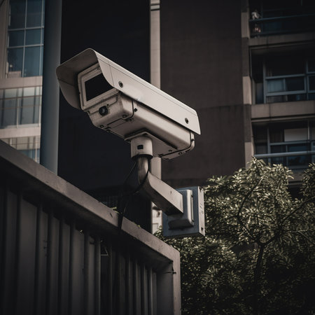 Old retro surveillance camera on the wall. Big brother is looking at you.の素材