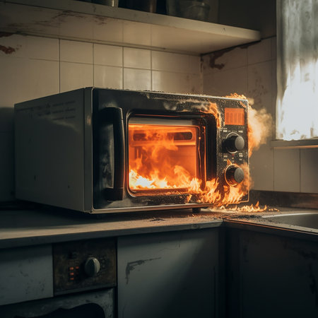 Burning microwave oven close-up, fire in the kitchen, disaster, emergency, insured eventの素材