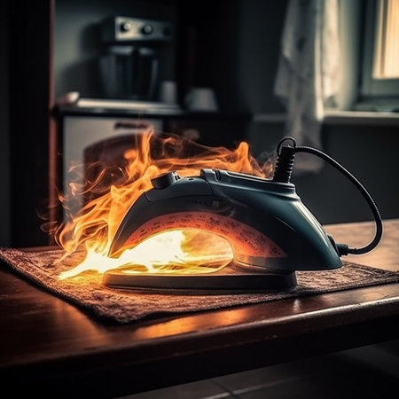 Burning iron close-up, fire in the room, disaster, emergency, insured eventの素材