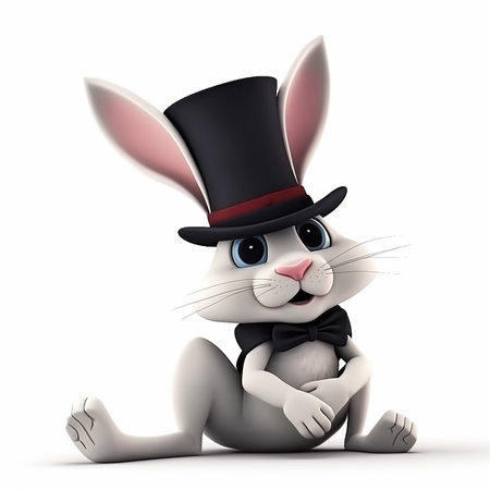 Cute funny white rabbit in a black top hat and tailcoat suit, creative avatar, cartoon caricature in 3D style, portrait on whiteの素材