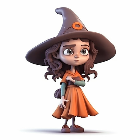 Cute funny witch, girl in witch costume for Halloween, creative avatar, cartoon caricature 3d style, portrait on whiteの素材