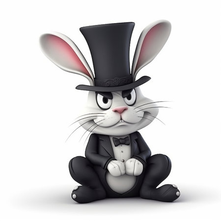 Cute funny white rabbit in a black top hat and tailcoat suit, creative avatar, cartoon caricature in 3D style, portrait on whiteの素材