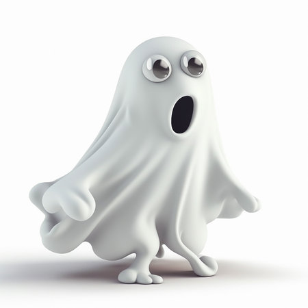 Ghost, funny cute white ghost 3d illustration on white, halloween, unusual avatar, horrorの素材