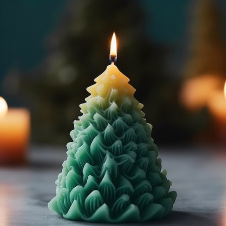 Burning candle in the form of a green Christmas tree, cute holiday background, Christmas New Year wallpaperの素材