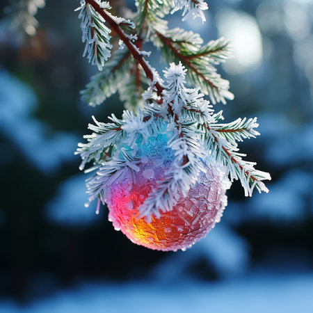 Rainbow Christmas ball covered with frost on a Christmas tree branch close-up, beautiful Christmas background, holiday wallpaperの素材