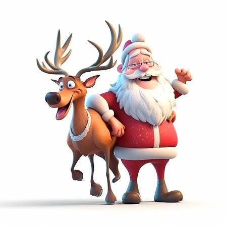 Santa Claus with a white beard in a red suit and a cheerful deer, funny cute cartoon christmas 3d illustration on white background, creative avatarの素材