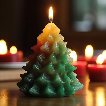 Burning candle in the form of a green Christmas tree, cute holiday background, Christmas New Year wallpaperの素材