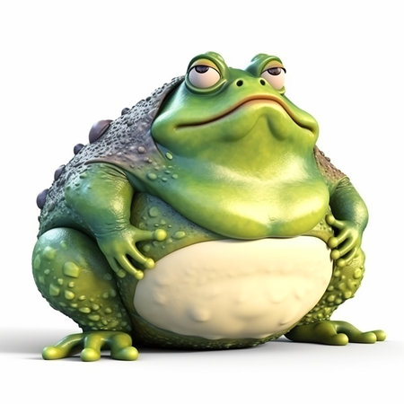Green frog, big fat toad, funny cute cartoon 3d illustration on white background, creative avatarの素材