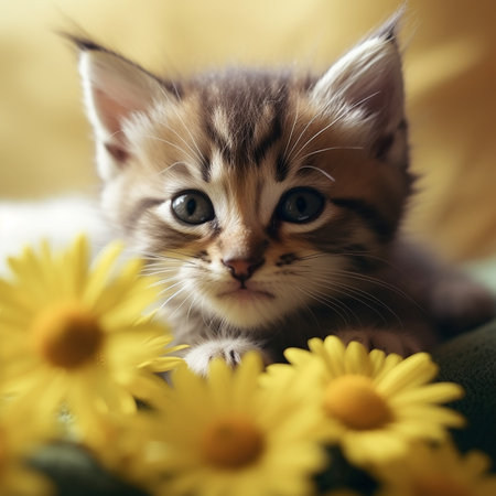Little fluffy kitten and yellow daisies, cute composition, adorable home petの素材