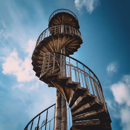 Stairway to Heaven. A spiral spiral antique metal staircase goes high up into the blue sky.の素材