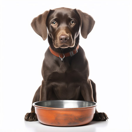 Hungry dog, dog is sitting near an empty bowl, close-up portrait on white, dog wants to eat, for advertising pet products, foodの素材