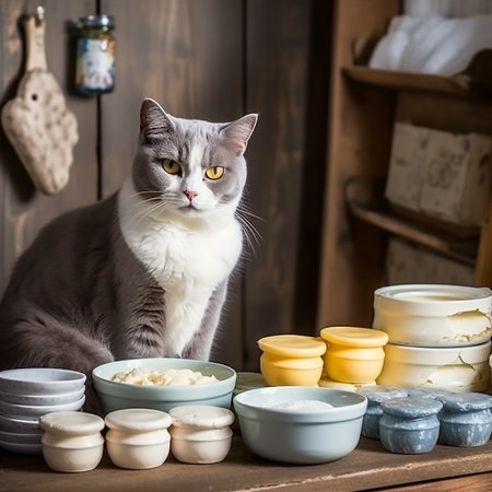 Happy cat next to a table with different appetizing varieties of cheese, butter and other dairy products, for advertising cheesの素材