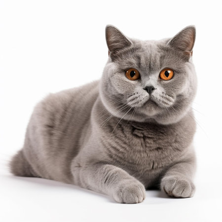 Cute british shorthair breed cat portrait close-up isolated on white, lovely pet, yellow eyesの素材