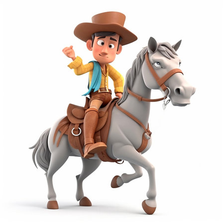 Cowboy on horse in big hat and boots, funny cute cartoon 3d illustration on white background, creative avatarの素材