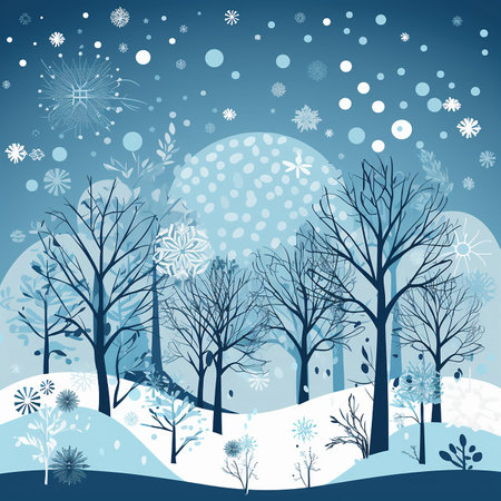 Winter New Year Christmas background. Trees, snow, snowflakes, houses, primitive pattern style, cute wallpaperの素材