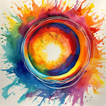 sun of rainbow color, beautiful illustration in watercolor style, optimistic bright background, unusual sunny rainbow wallpaperの素材