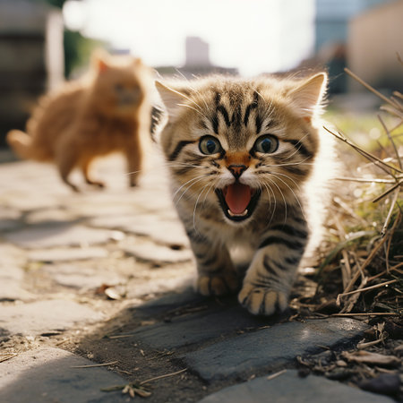 Kitten runs after prey, kitten jumping, fluffy cat hunts, close-up, pet predatorの素材