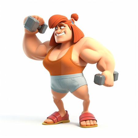 Bodybuilder woman, boxer, girl with big muscles, funny cute cartoon 3d illustration on white background, creative avatarの素材