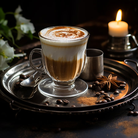 Cup of delicious aromatic cappuccino with thick milk foam, on a plate with coffee beans and cinnamon, an excellent drink for breakfast, close-upの素材