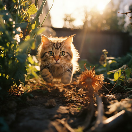 Kitten runs after prey, kitten jumping, fluffy cat hunts, close-up, pet predatorの素材