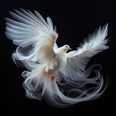 white dove with long fluttering feathers opened its wings on a black background, a beautiful fairytale bird, unusual wallpaperの素材