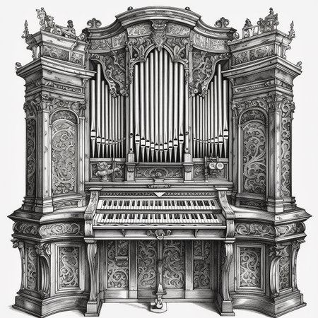 Organ, musical instrument, classical music, vintage retro black and white drawing, engraving styleの素材