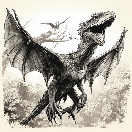 Dinosaur, pterodactyl, flying dinosaur, prehistoric reptile, black and white drawing, engraving style, close-up portraitの素材