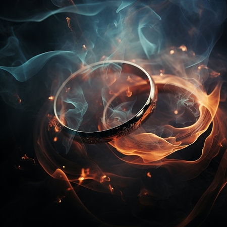 Wedding rings burn and melt on black, fire of love, romantic background, wedding wallpaperの素材