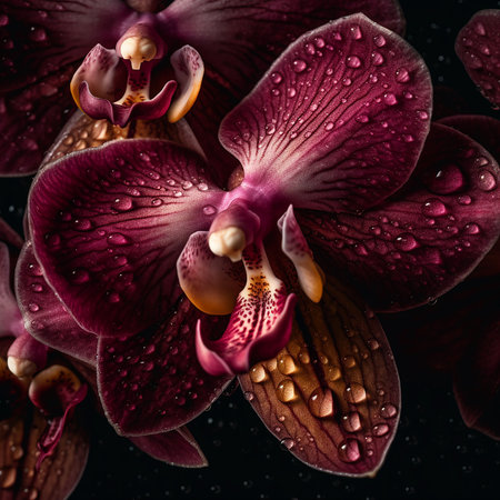 Beautiful violet purple orchid flower with large water dew drops, close-up isolated on black, beautiful floral background, nature wallpaperの素材