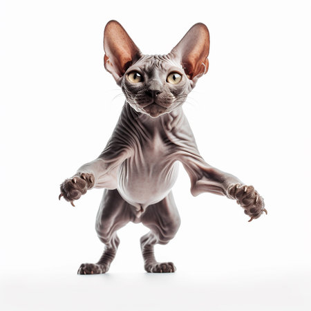 Sphynx cat jumping isolated on white, portrait, close-up, unusual petの素材
