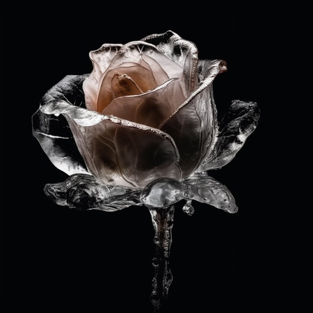 Ice rose, transparent rose flower, rose made of ice, close-up on black, unusual floral backgroundの素材