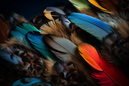 Background of colorful bird feathers, many feathers of birds of different species, close-up, decorative bright colorful natural wallpaper,の素材
