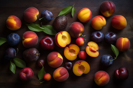 Apricots and plums, fruit background, yellow red pink ripe apricots and blue purple plums, close-up, healthy food, wallpaper for advertising and packaging designの素材