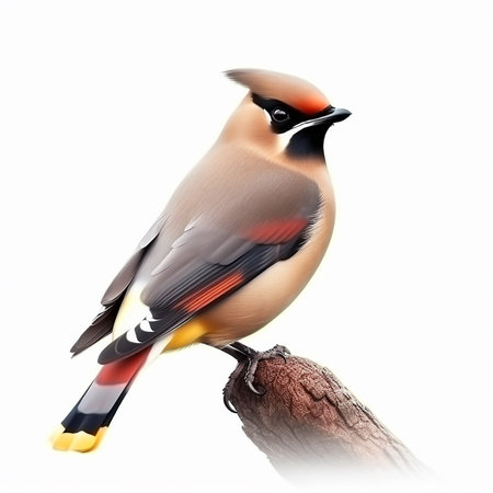 Waxwing Bombycilla garrulus, beautiful wild songbird bird, portrait, isolated on white close upの素材