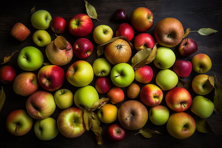 Apples, fruit background, yellow, red, green, ripe apples,different varieties, close-up, healthy food, wallpaper for advertising and packaging designの素材