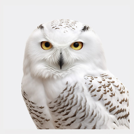 White polar owl Bubo scandiacus, beautiful bird of prey, portrait, isolated on whiteの素材