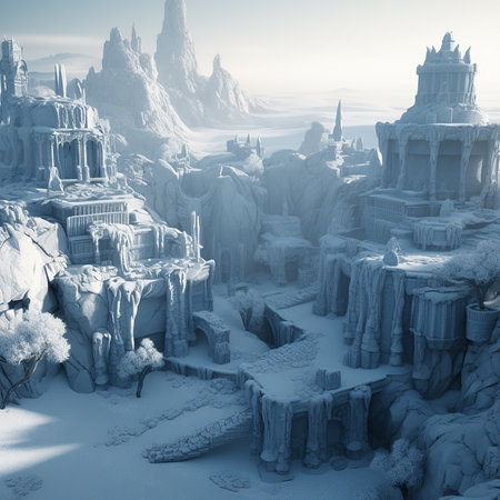 Icy frozen city, ancient buildings with towers covered with snow and ice, fantastic landscape, home of Santa Claus and the Snow Queenの素材