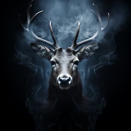 Head of a red deer with antlers in smoke and flames on black, unusual natural background, protect the forest from fireの素材