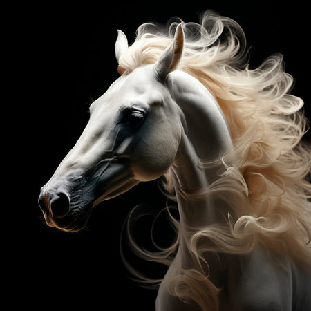 Head of a white horse with a flowing mane, portrait, close-up on black, beautiful animalの素材
