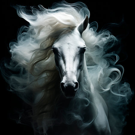 Head of a white horse with a flowing mane, portrait, close-up on black, beautiful animalの素材