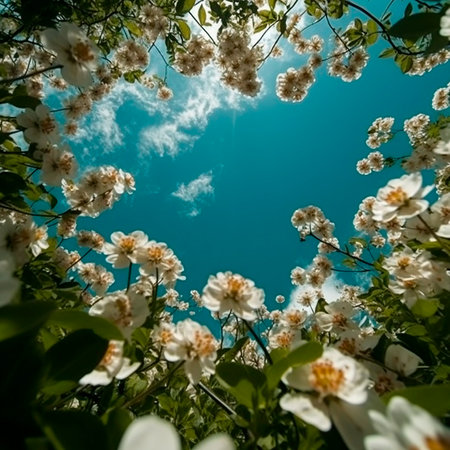 Blooming meadow and blue sky with clouds, photo from below. Summer background, floral wallpaper.の素材